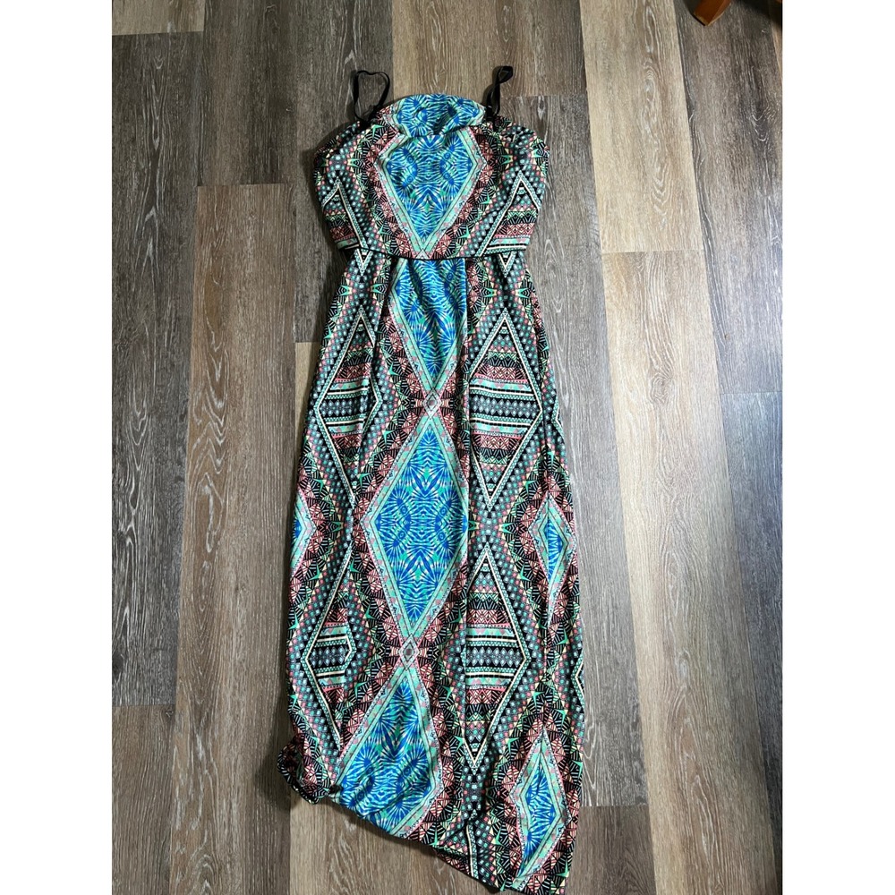 Baily Blue Geometric Tribal‎ Print Popover Maxi Dress Small Blue Pink Green Boho - Picture 5 of 5